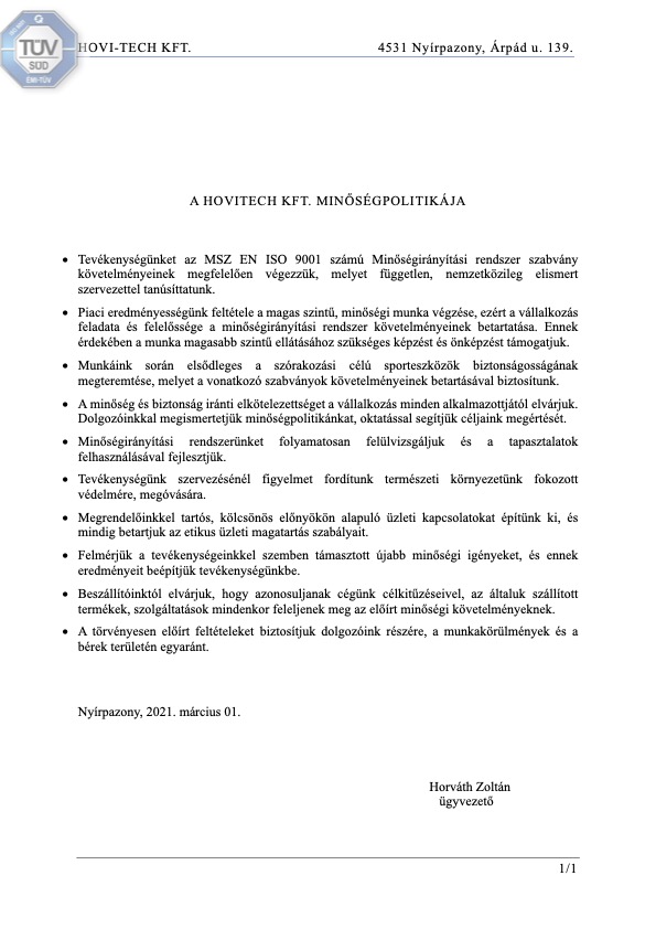 A Hovi-Tech Kft. minőségpolitikája